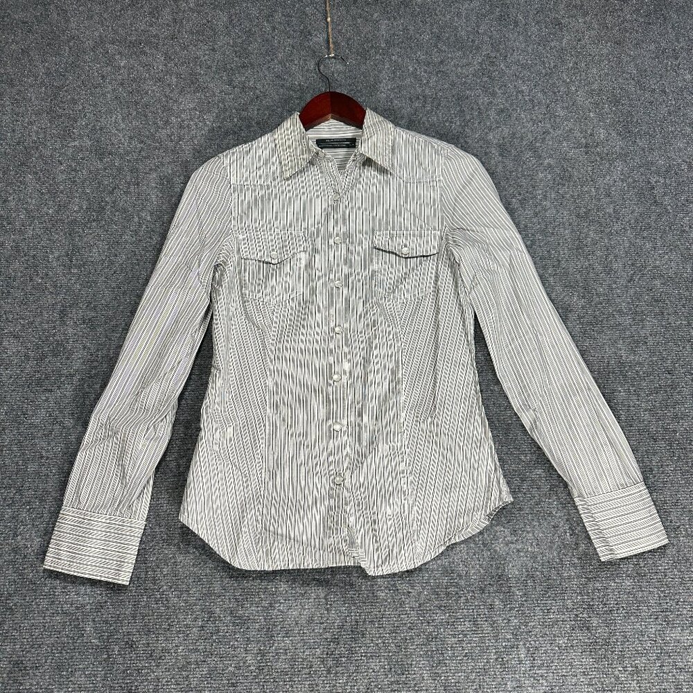Club Monaco Top Womens Small Gray Cotton Stripe Long Sleeve Pearl Snap Up Pocket